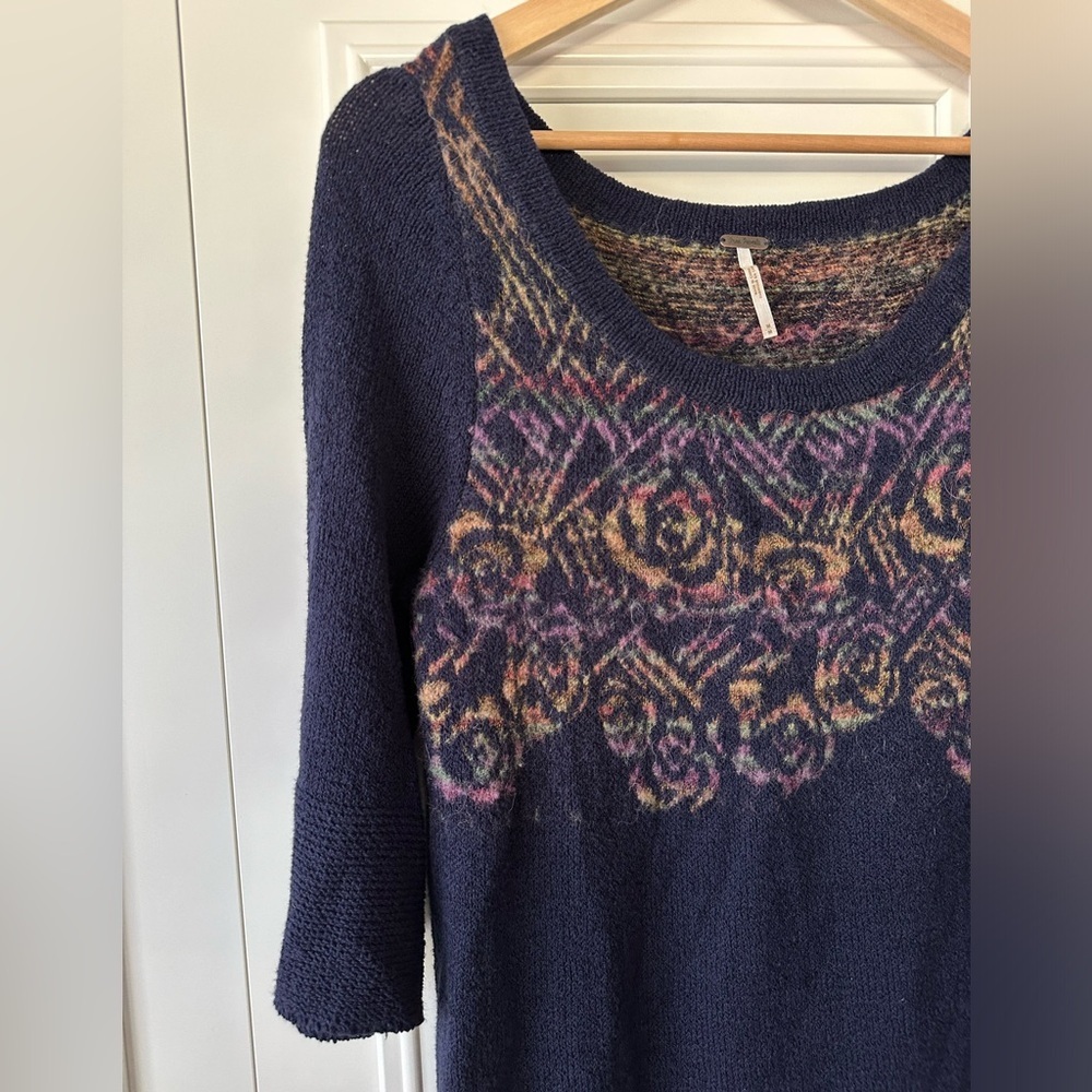 Free People Navy Floral Sweater Mini Dress, Size M - Picture 3 of 8